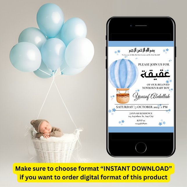 Invitation Aqiqah Blue Hot Air Balloon Baby Boy Musulman (Créateur téléchargé)