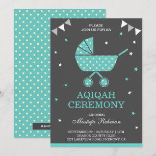 Invitation Aqiqah pour bébé garçon avec landau sarcelle migno