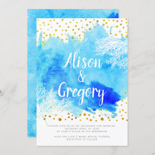 Invitation Aqua aquarelle corail récif or confetti mariage