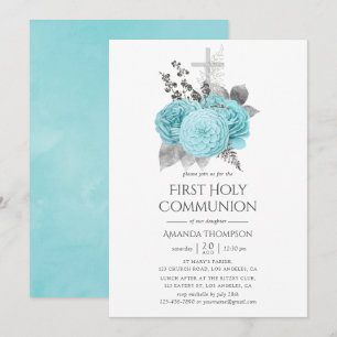 Invitation Aqua & Argent Vintage Roses Shabby Communion Solen