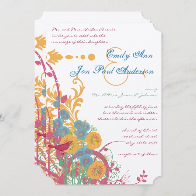 Invitation Aqua Beeswax Raspberry Wild Flower Mariage (Devant / Derrière)