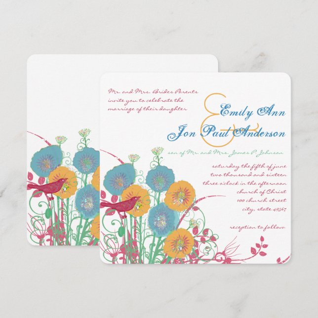 Invitation Aqua Beeswax Raspberry Wild Flower Mariage (Devant / Derrière)