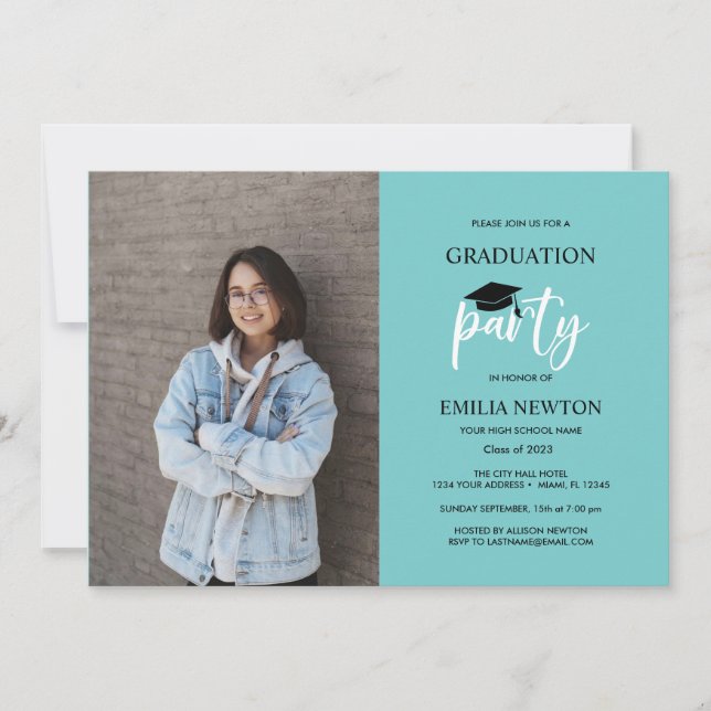 Invitation Aqua Black Photo Graduation (Devant)