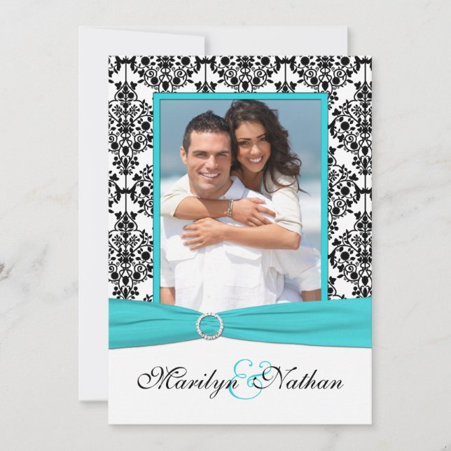 Invitation Aqua, Blanc, Noir Damas II Photo Wedding Invitatio (Devant)