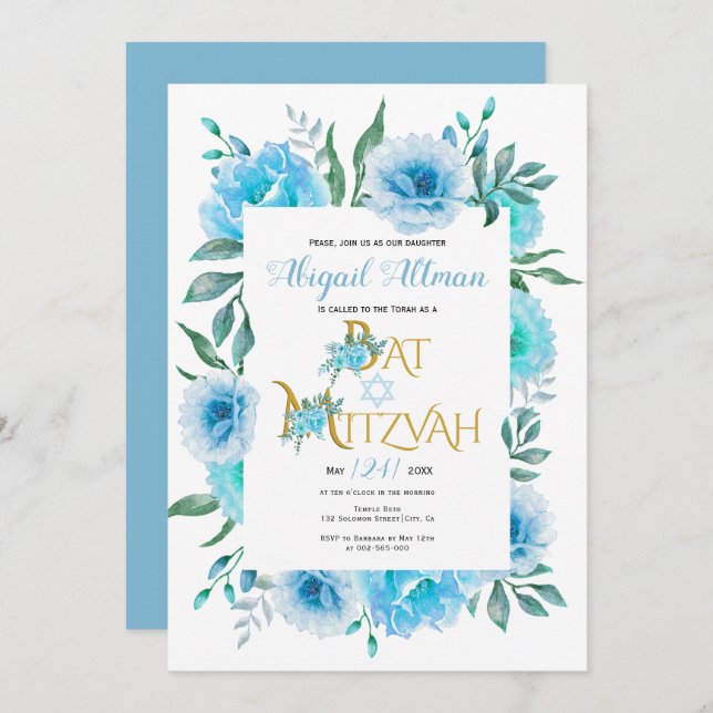 Invitation Aqua bleu aquarelle fleurs Bat mitzvah (Devant / Derrière)