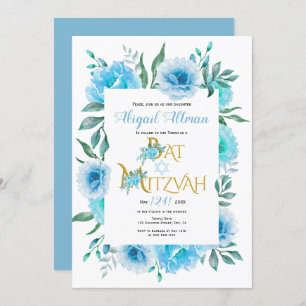 Invitation Aqua bleu aquarelle fleurs Bat mitzvah