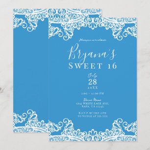 Invitation Aqua Bleu et Dentelle Blanche Élégante Fête Douce