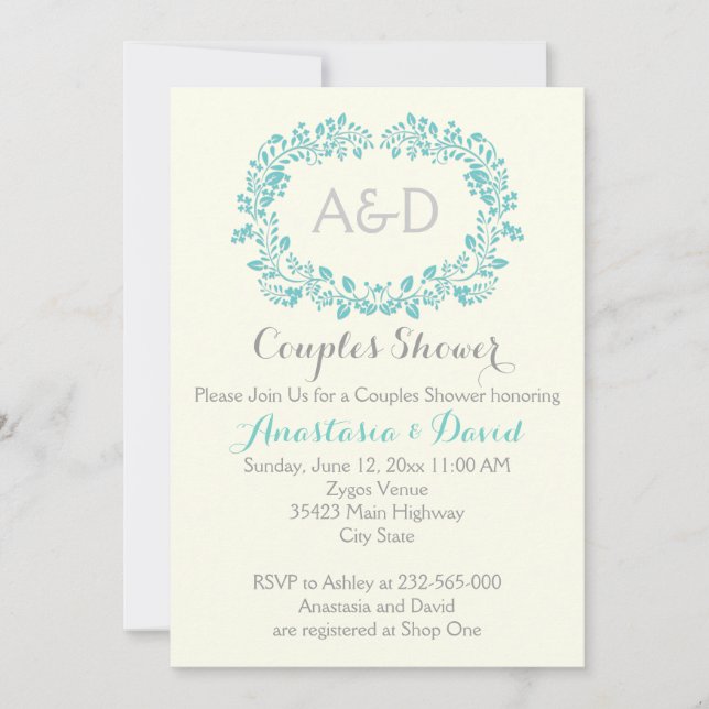 Invitation Aqua bleu feuillage initiales mariage couples douc (Devant)