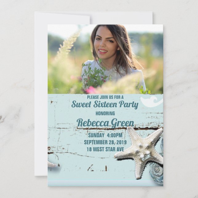 Invitation aqua bleu mer plage Sweet sixteen (Devant)