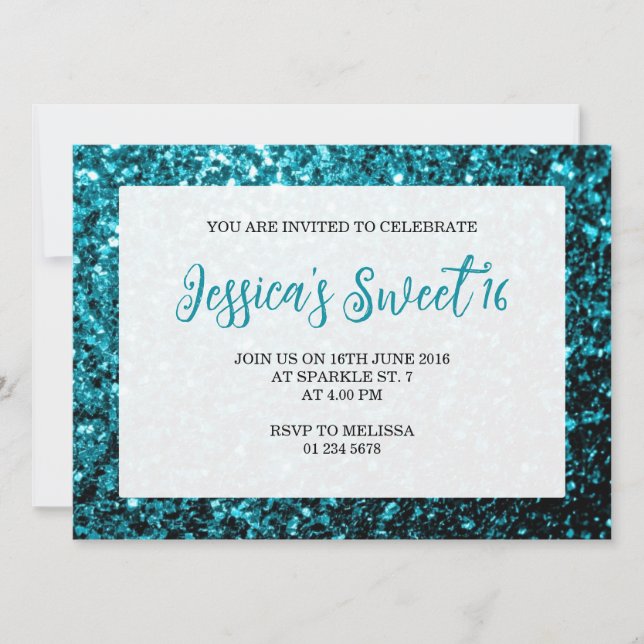 Invitation Aqua bleu parties scintillant scintille Sweet 16 é (Devant)