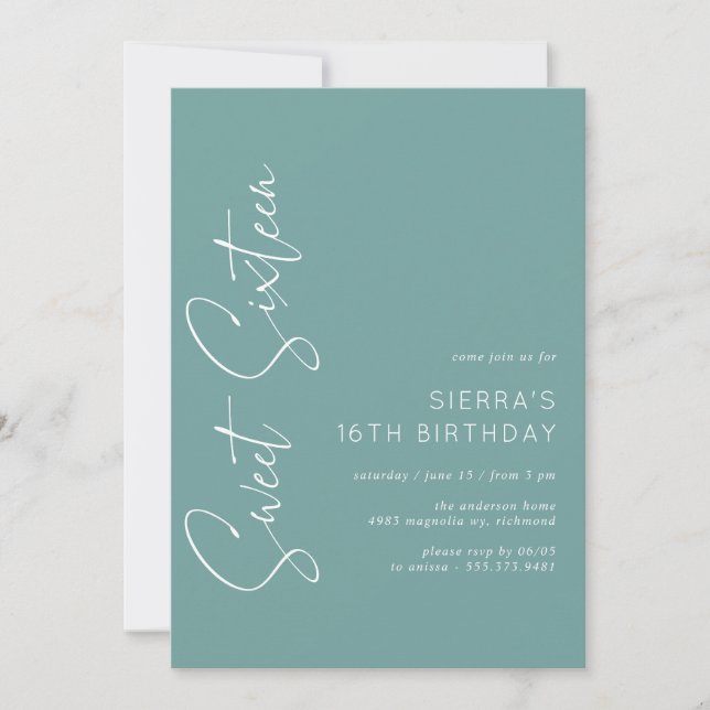 Invitation Aqua bleu-vert | Simple Script Sweet 16 Anniversai (Devant)