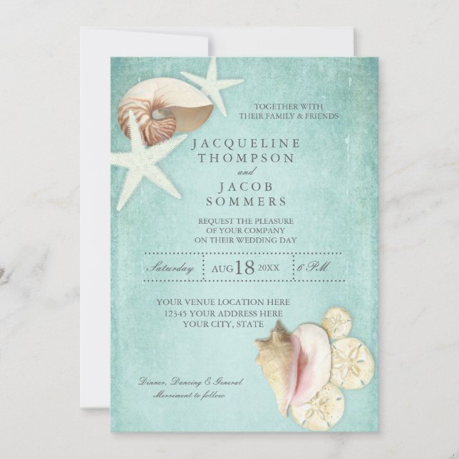 Invitation Aqua Blue Beach Ocean Shell Sand Seashells Mariage (Devant)
