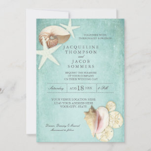 Invitation Aqua Blue Beach Ocean Shell Sand Seashells Mariage