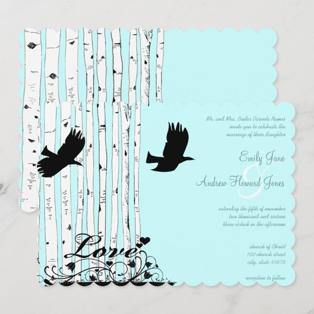 Invitation Aqua Blue Birch Tree Inséparable Mariage Invitatio (Devant / Derrière)