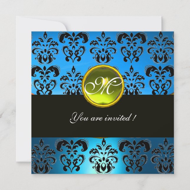 Invitation AQUA BLUE BLACK DAMASK MONOGRAM, topaz jaune (Devant)