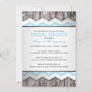 Invitation Aqua Blue Chevron & Wood Fête des mariées rustique