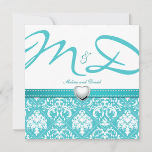 Invitation Aqua Blue Damask avec Monogramme personnalisé