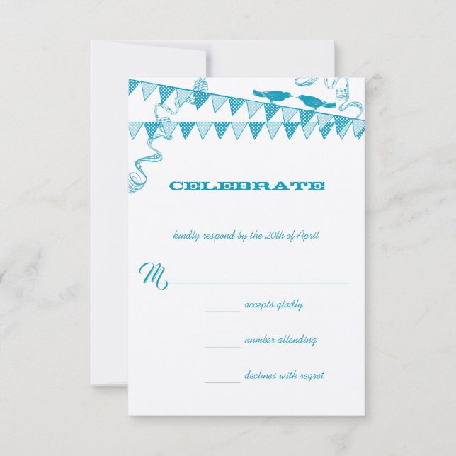 Invitation Aqua Blue Dots Inséparable Bunting Wedding RSVP (Devant)