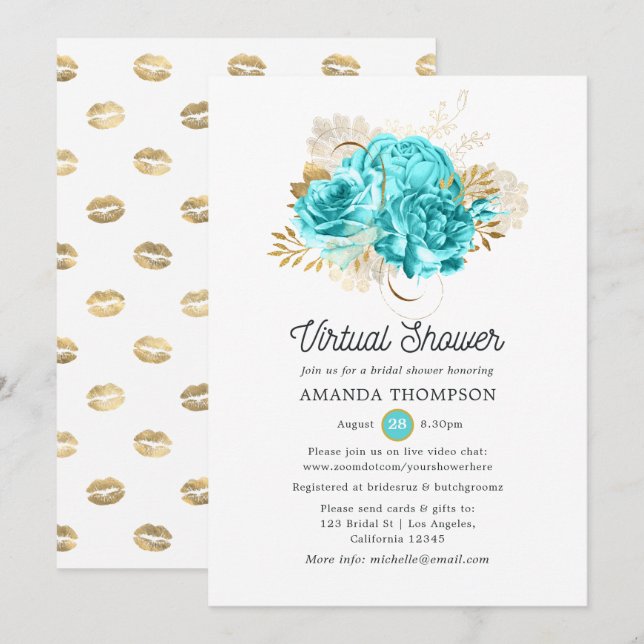 Invitation Aqua Blue et Gold Floral Douche virtuelle (Devant / Derrière)