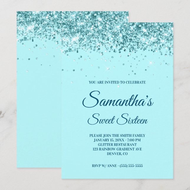 Invitation Aqua Blue et Sweet sixteen de Parties scintillant  (Devant / Derrière)