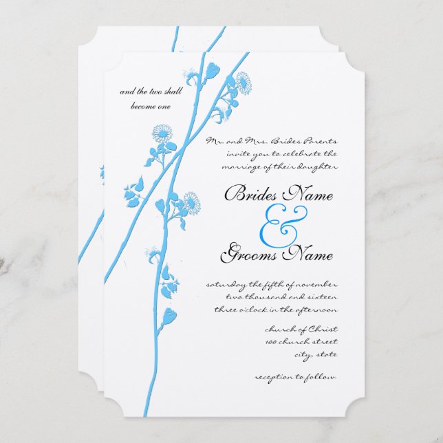 Invitation Aqua Blue Fleur sauvage Branche Mariage rustique (Devant / Derrière)