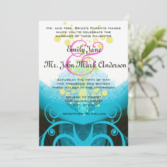 Invitation Aqua Blue Fuchsia Calla Lily Fleur sans cachemire (Debout devant)