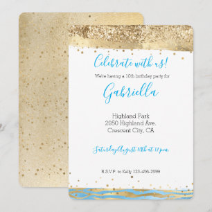 Invitation Aqua Blue Gold Pailletés Confetti Animal Anniversa