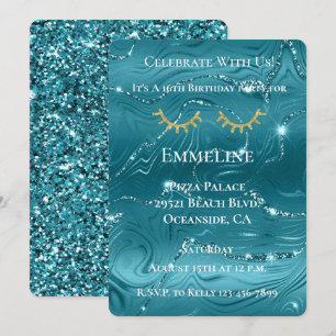 Invitation Aqua Blue Marble Glitzy Gold Parties scintillant E