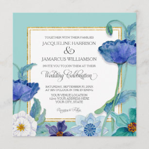 Invitation Aqua Blue n White Aquarelle Poppy Art Déco Floral