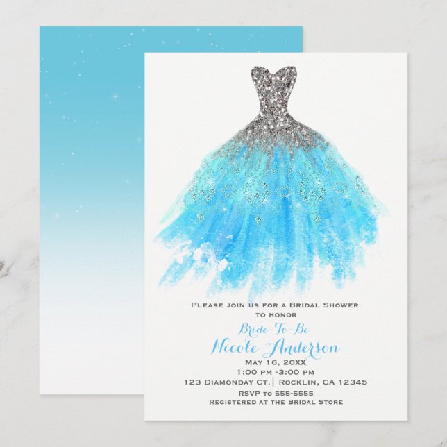 Invitation Aqua Blue Silver Parties scintillant Glam Fête des (Devant / Derrière)