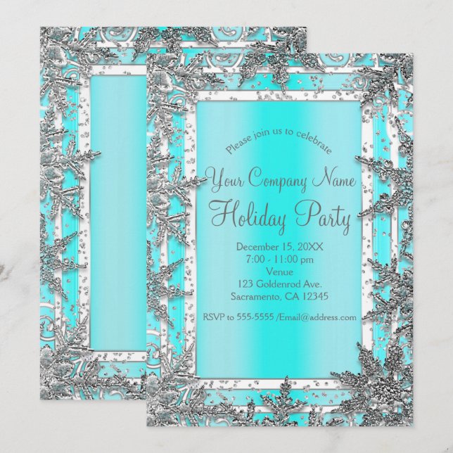 Invitation Aqua Blue & Silver Winter Snowflakes Élégante fête (Devant / Derrière)