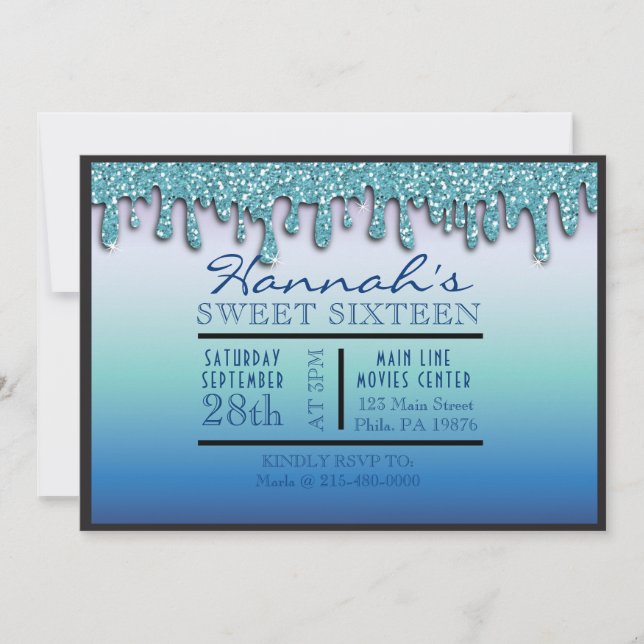 Invitation Aqua Blue Sparkle Drippy Sweet sixteen Party (Devant)