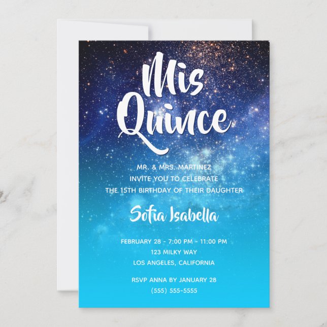 Invitation Aqua Blue Stars Cosmic Ombre Mis Quince Anniversai (Devant)