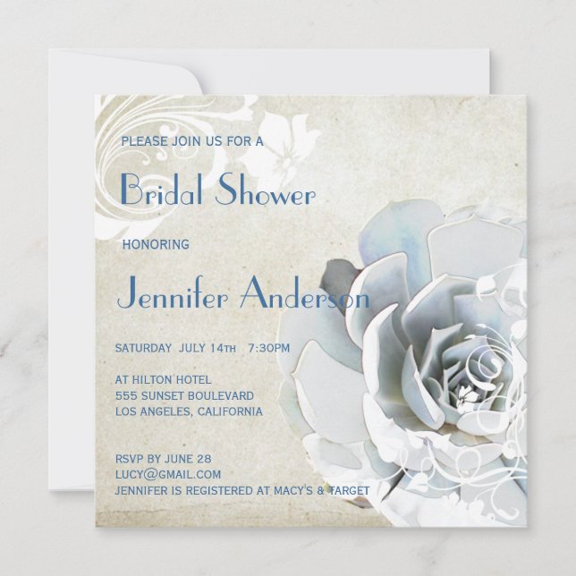 Invitation Aqua Blue Succulent Fête des mariées moderne chic (Devant)