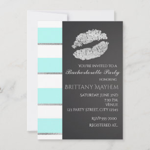 Invitation Aqua Blue & White Faux Silver Lips Kiss Party