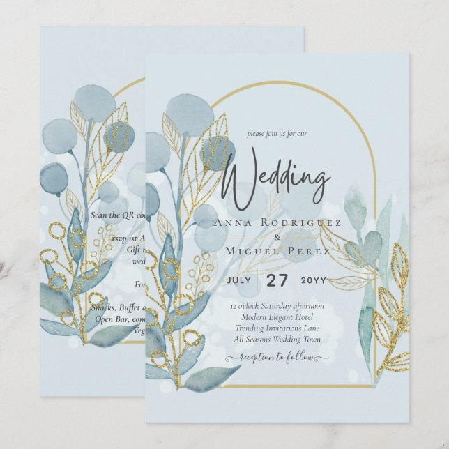 Invitation Aqua Botanique Moderne SeaGlass Gold Wedding Invit (Devant / Derrière)