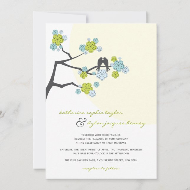 Invitation Aqua Cherry Blossoms Inséparables Mariage Invitati (Devant)
