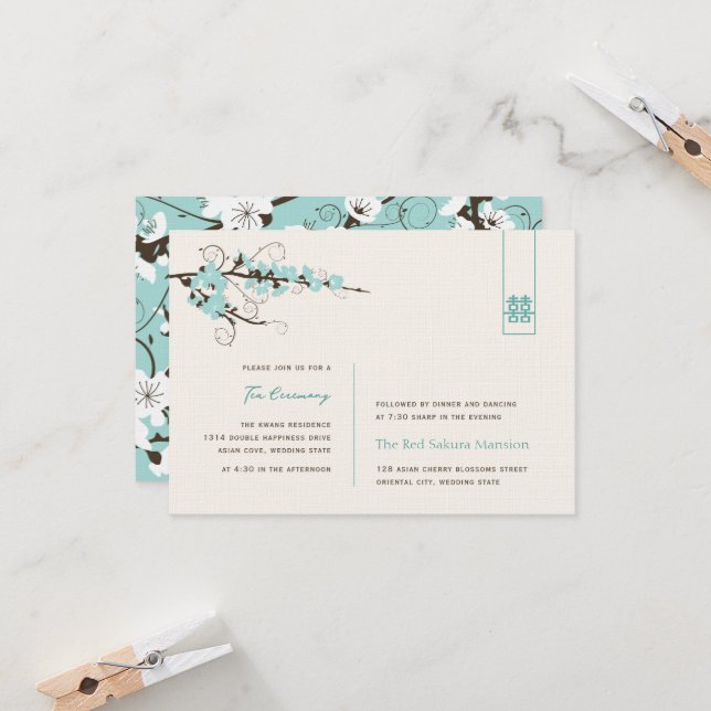 Invitation Aqua Cherry Blossoms Réception de mariage asiatiqu (Devant/Arrière en situation)