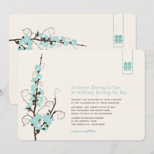 Invitation Aqua Cherry Blossoms Sakura Swirls Mariage asiatiq