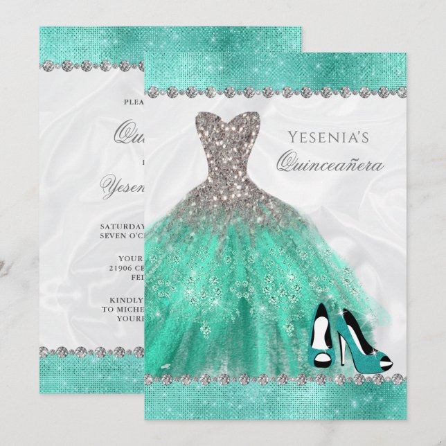 Invitation Aqua Diamond Sparkle Parties scintillant Quinceañe (Devant / Derrière)