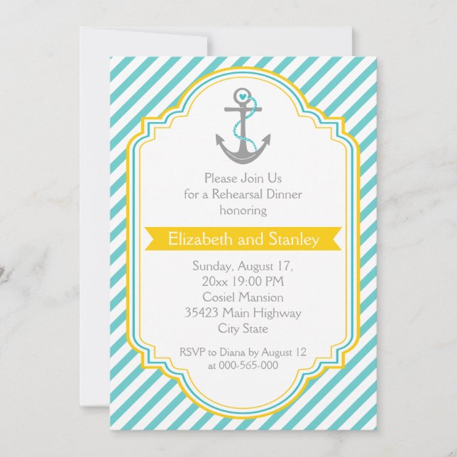 Invitation Aqua, dîner de répétition du mariage nautique jaun (Devant)