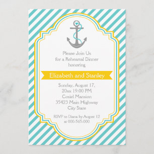 Invitation Aqua, dîner de répétition du mariage nautique jaun