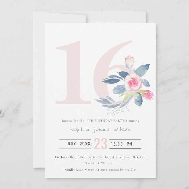 INVITATION AQUA DOUX BLEU BLEU FLORAL 16E TOUT ÂGE ANNIVERSAI (Devant)