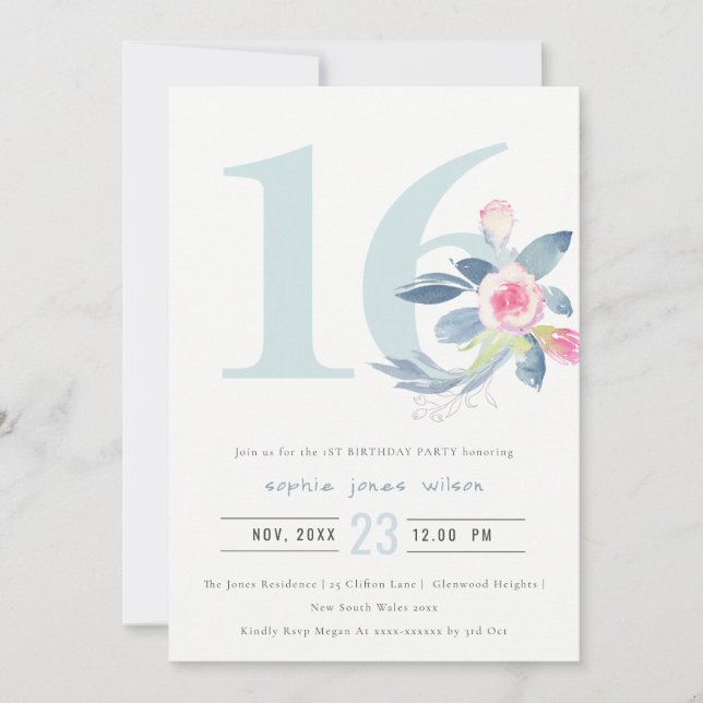 INVITATION AQUA DOUX BLEU BLEU FLORAL 16E TOUT ÂGE ANNIVERSAI (Devant)