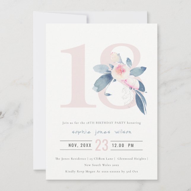 INVITATION AQUA DOUX BLEU BLEU FLORAL 18E TOUT ÂGE ANNIVERSAI (Devant)