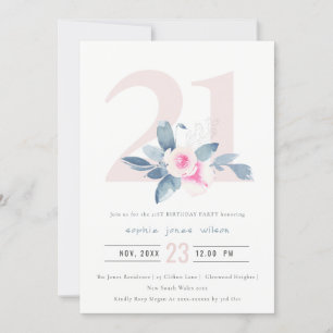 INVITATION AQUA DOUX BLEU BLEU FLORAL 21E TOUT ÂGE ANNIVERSAI