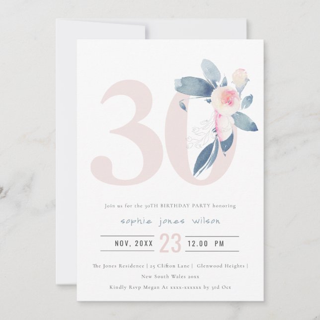 INVITATION AQUA DOUX BLEU BLEU FLORAL 30E TOUT ÂGE ANNIVERSAI (Devant)