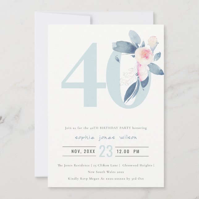 INVITATION AQUA DOUX BLEU BLEU FLORAL 40E TOUT ÂGE ANNIVERSAI (Devant)