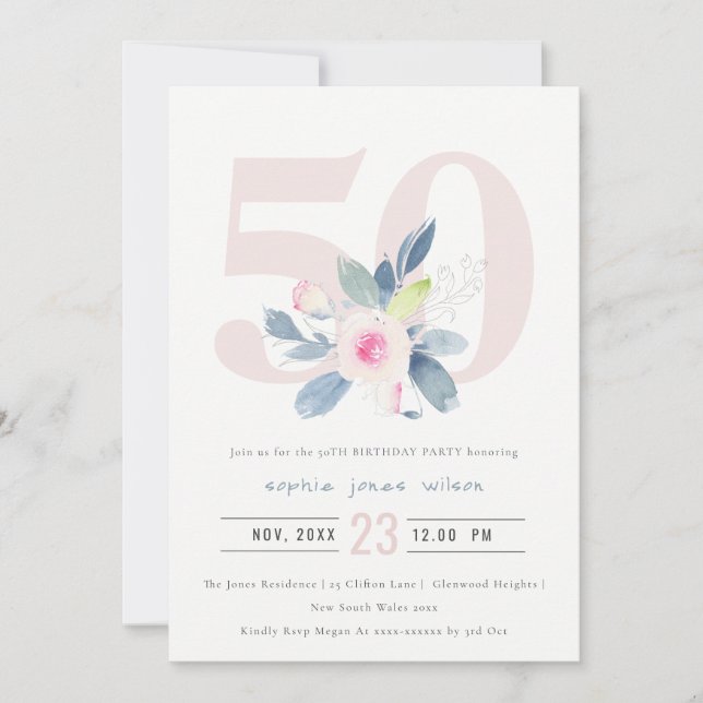 INVITATION AQUA DOUX BLEU BLEU FLORAL 50E TOUT ÂGE ANNIVERSAI (Devant)