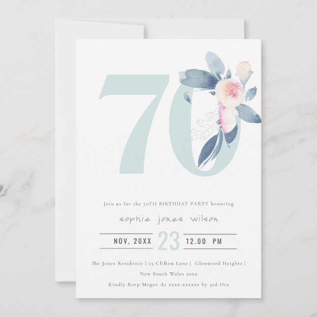 INVITATION AQUA DOUX BLEU BLEU FLORAL 70E TOUT ÂGE ANNIVERSAI (Devant)